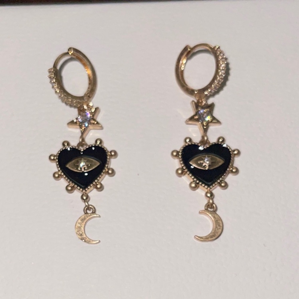 Gold and Black Heart Moon Evil Eye Drop Earrings. NEW.